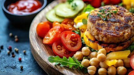 Closeup of a hearty vegan burger featuring seitan patties, chickpeas, and vibrant fresh vegetables. The dish is artfully arranged on a wooden board, inviting and appetizing