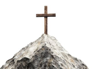 Wooden cross on a rocky mountain peak, isolated on transparent cutout background