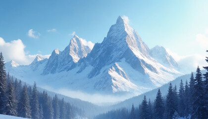 Obraz premium Majestic snow-capped peaks rising above a serene forest in winter landscape