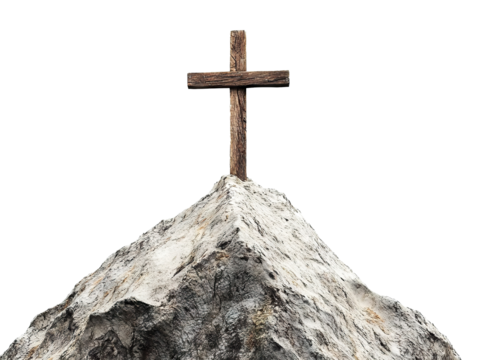 Wooden cross on a rocky mountain peak, isolated on transparent cutout background