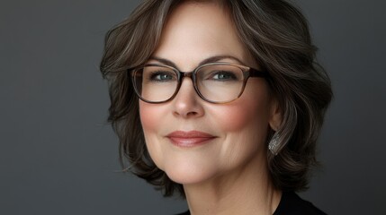 Fototapeta premium Closeup of a middle-aged woman in glasses, gently smiling with a soft gaze. The neutral grey background emphasizes her character, providing a clean canvas for copy space.