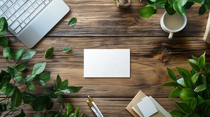 natural lighting of a flat lay of a business card mockup placed on a rustic wooden table, surrounded by office supplies and greenery
