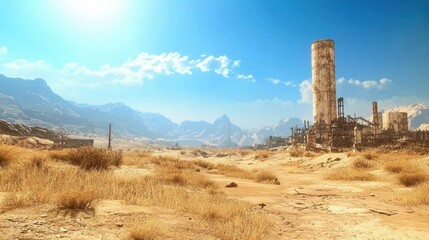 Desolate wasteland with crumbling structures under an expansive blue sky at midday
