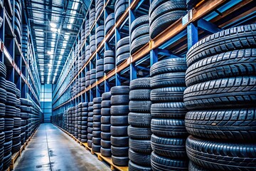 Obraz premium Closeup of Stacked Car Tires in Warehouse, Highlighting Automotive Industry and Efficient Tire Storage Solutions