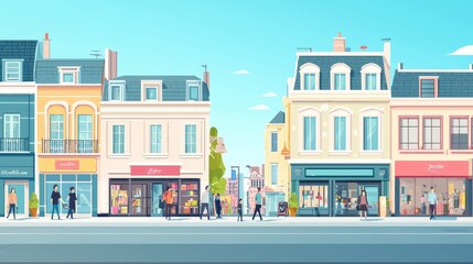 Charming street scene with colorful shops and pedestrians enjoying a sunny day in a vibrant city atmosphere.