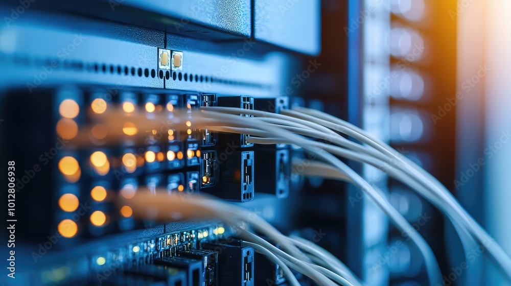 Wall mural close-up of network cables and fiber optic connections in a server rack, highlighting the technology