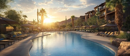 Naklejka premium Sunset Serenity at a Desert Resort Pool