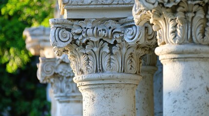 Close-up view of intricately designed architectural columns showcasing classical details and natural light against greenery.