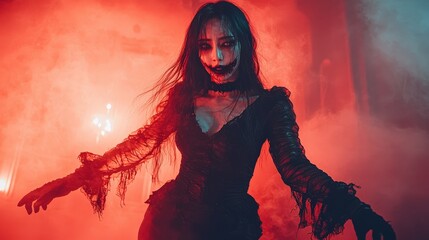 Obraz premium Dark Anime Woman in Dramatic Red Smoke