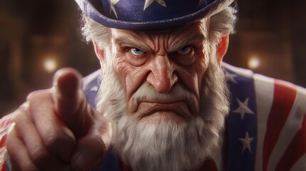 Intimidating closeup of Uncle Sam, his piercing eyes focused directly at the viewer while pointing sternly. The red, white, and blue colors of his outfit add to the tension