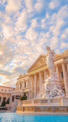 Obraz premium Majestic fountain and statue at Trevi Fountain under a colorful sky at sunset