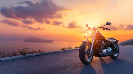Obraz premium A motorcycle parked on the right side of the road during sunset, with a blurred background creating a peaceful atmosphere