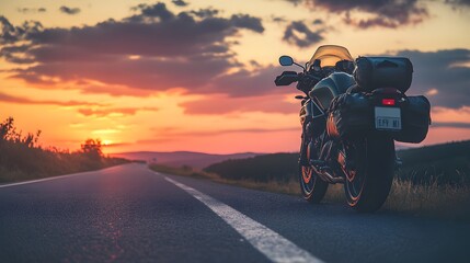 Fototapeta premium A motorcycle parked on the right side of the road during sunset, with a blurred background creating a peaceful atmosphere