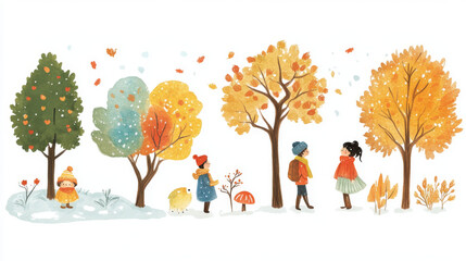 Fototapeta premium This design features cute illustrations for each season: winter, spring, summer, and autumn. It includes drawings of people, nature, trees, and more.