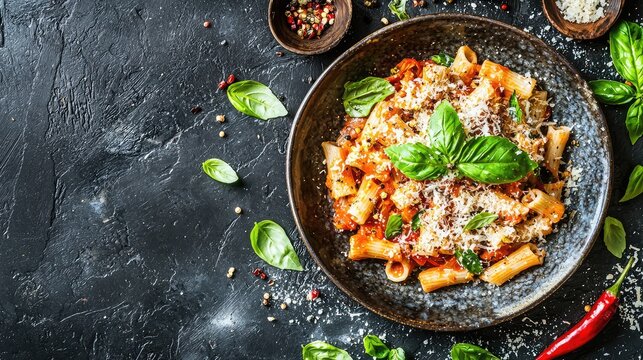 Delicious pasta dish topped with fresh basil and cheese, perfect for food enthusiasts and culinary presentations.
