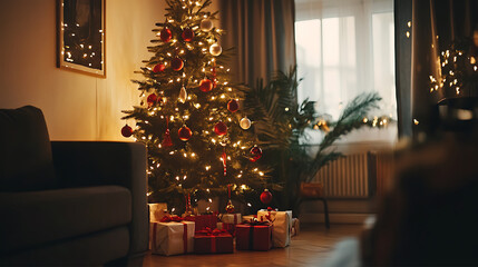 beautifully decorated Christmas tree in a cozy living room with twinkling lights