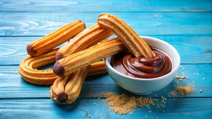 Delicious Churros Dipped in Nutella on a Vibrant Blue Background Perfect for Dessert Lovers and Sweet Treat Enthusiasts