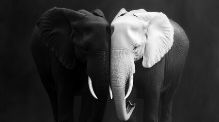 Two elephants, one black and one white, stand together.