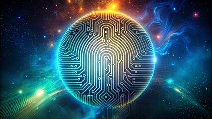 A glowing orb of circuit pathways against a cosmic backdrop, symbolizing the convergence of technology and the universe.