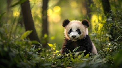 Adorable Panda Cub in Lush Forest