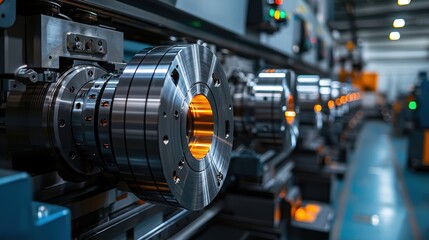 Fototapeta premium Precision CNC Machine Row in Industrial Workshop