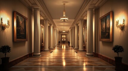 Elegant hallway adorned with classic paintings and illuminated by warm lights, creating a regal and serene atmosphere.