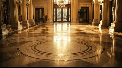 Obraz premium Elegant interior of a grand hall with a polished marble floor reflecting warm light and intricate designs.