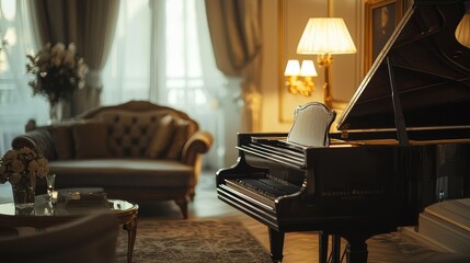 Elegant interior featuring a grand piano, stylish furniture, and soft lighting, creating a serene ambiance in a luxurious setting.