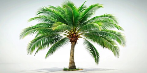 Fototapeta premium A solitary palm tree with lush green fronds stands tall against a soft, hazy backdrop.