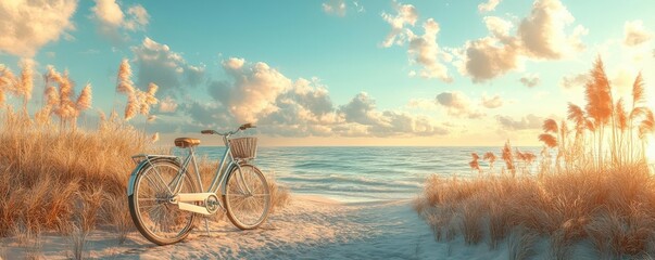 A serene beach scene with a bicycle resting on the sandy shore, overlooking a calm sea and softly lit clouds at sunset.