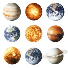 Collection of Celestial Bodies Including the Sun, Earth, Moon, Mars, and Saturn Isolated on Clean White Background