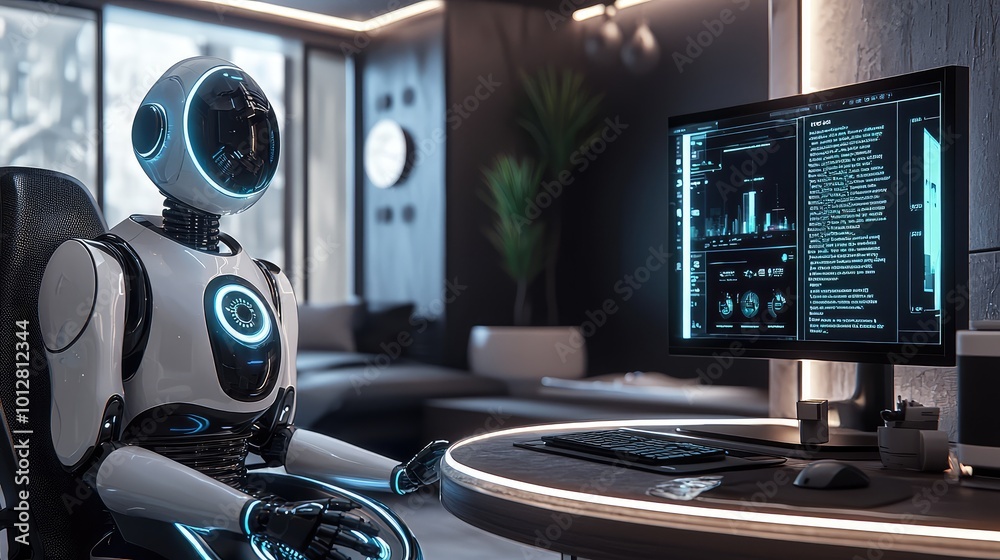 Poster futuristic robot working at a modern desk, analyzing data on a computer screen in a stylish office e