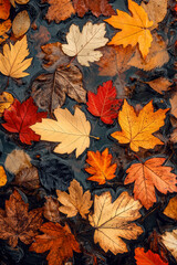 Coloured wet leaves lying on a wet road. AI generativ.