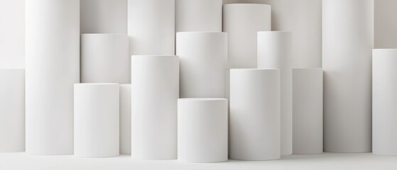A collection of various white cylindrical forms arranged aesthetically against a minimalist background, ideal for creative projects.