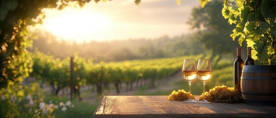 Naklejka premium A serene vineyard scene at sunset, featuring wine glasses, grapes, and a rustic barrel amidst lush green vines.