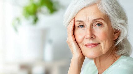 Fototapeta premium Portrait of an elderly woman with gray hair and a gentle smile, resting her head on her hand in a bright, soft-lit room