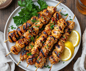 juicy honey chicken skewers . AI generative.