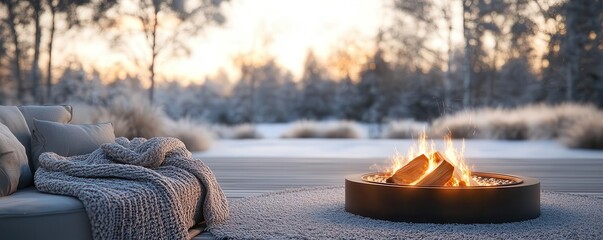 Cozy outdoor setting with a warm fire pit surrounded by snow, perfect for winter nights and gatherings with family and friends.