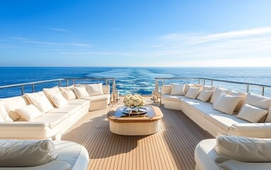Fototapeta premium A luxurious yacht deck with plush seating overlooking a serene ocean, perfect for relaxation and leisure.