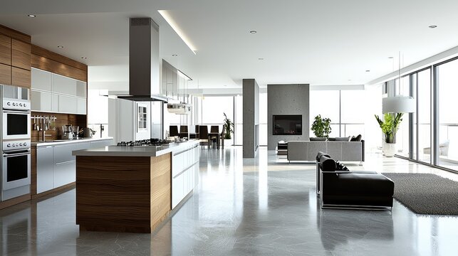 Modern kitchen and living room with open layout, featuring sleek design, natural light, and stylish furniture.
