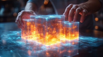 digital tablet to interact with a holographic architectural model, symbolizing innovation and the future of design, blending technology with creativity in modern architecture