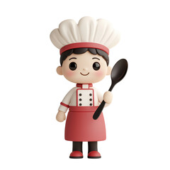 3D cartoon character illustration of a chef in a red uniform holding a black spoon. Wearing a large chef's hat and a red apron, ideal for culinary themes. Isolated on transparent background, png.