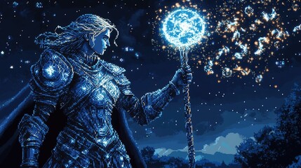 Fototapeta premium A woman in armor holding a glowing staff.
