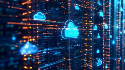 A network of servers and data centers interconnected with fiber optic cables, symbolizing cloud computing technology and data storage
