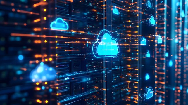 A network of servers and data centers interconnected with fiber optic cables, symbolizing cloud computing technology and data storage