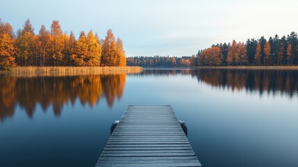 Serene autumn landscape featuring a calm lake, colorful trees, and a wooden dock reflecting the peaceful atmosphere.