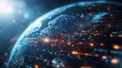A digital depiction of Earth with glowing data streams, symbolizing technology and connectivity.
