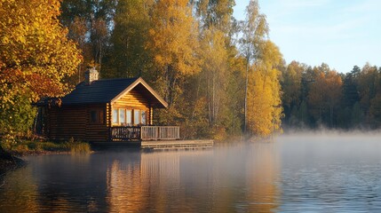 Obraz premium Serene cabin by a misty lake surrounded by vibrant autumn foliage, reflecting tranquility and natural beauty.