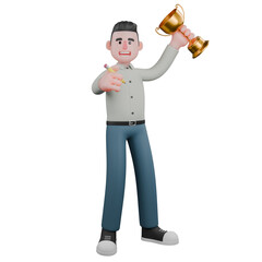 Literary Male Writer. A male writer stands holding a trophy in one hand and a pencil in the other. 3D Professional Character
