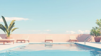Fototapeta premium Serene rooftop pool with clear water, surrounded by modern lounge chairs and lush plants, under a bright blue sky.